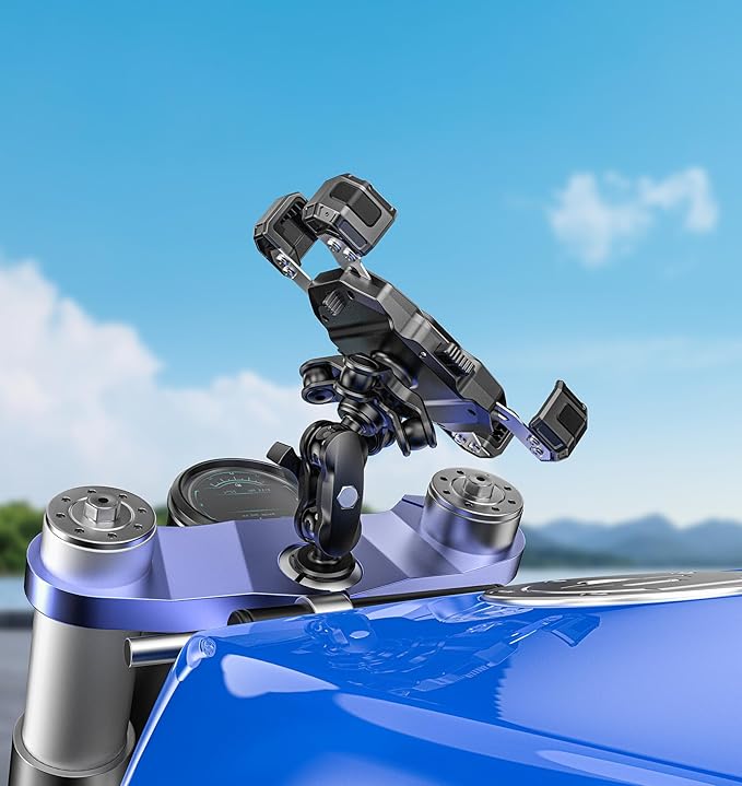 Motorcycle Fork Stem Phone Mount with Vibration Dampener, Motorcycle Cell Phone Holder with Aluminum Alloy Anti-Theft Short Arm, Fit 12mm to 25.4mm Diameter Stem Tubes, for 5.5"-7.2" Phones