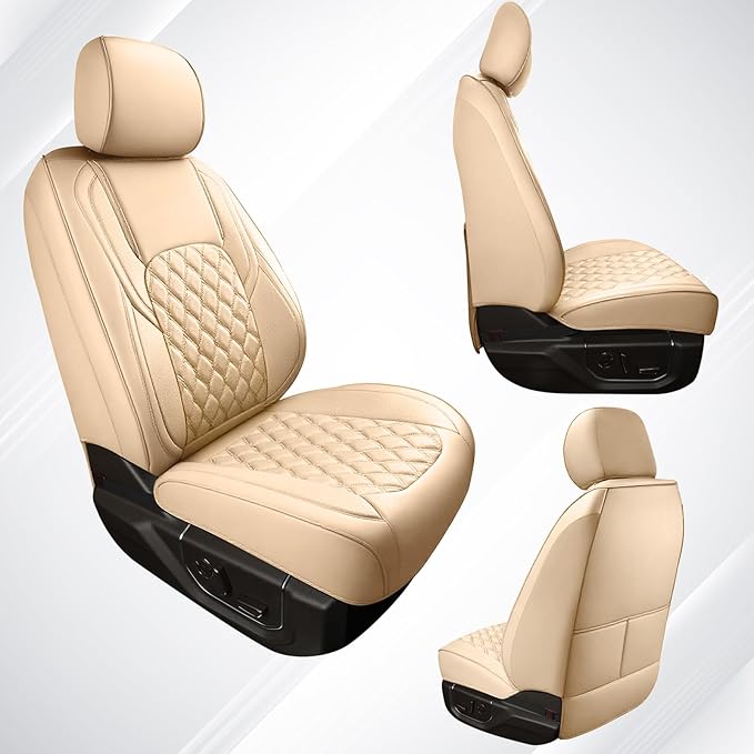 Huidasource F250 Front Seat Covers, 360° Full Coverage Leather Car Seat Protector Fit for Ford F150 2015-2025&F250 F350 F450 2017-2025 All Cab XL XLT Lariat King Ranch Platinum (Front Pair/Beige)