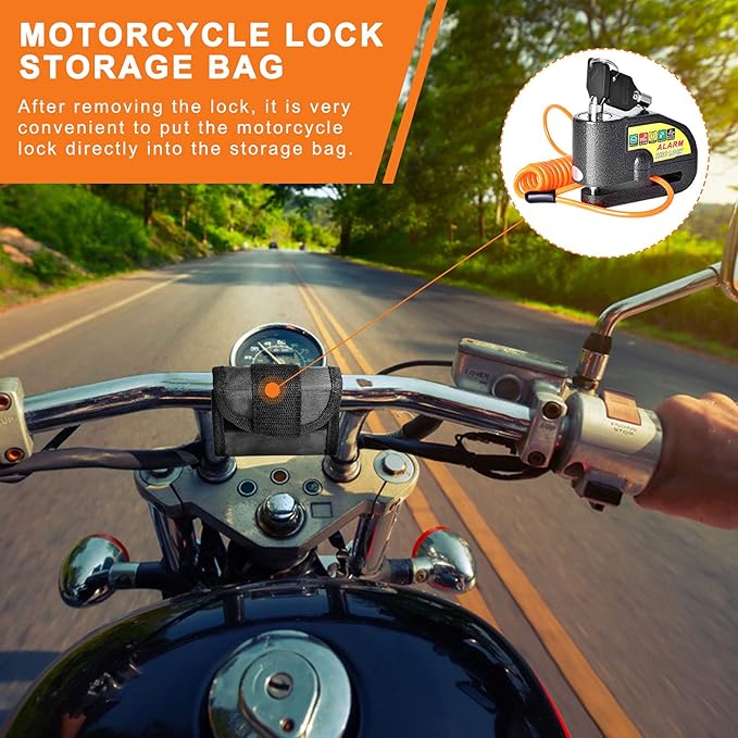 Motorcycle Alarm Disc Brake Lock, Motorcycle Locks Anti-Theft Security Wheel Disc Lock Waterproof 110dB Alarm Sound with 5ft Reminder Cable Keys and Carry Pouch for Motorbike Bike Scooter