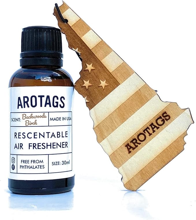 Arotags Car Air Freshener - Reusable Wood Diffuser - Hanging Odor Eliminator - New Hampshire Patriot - Balsam & Cedar Scent