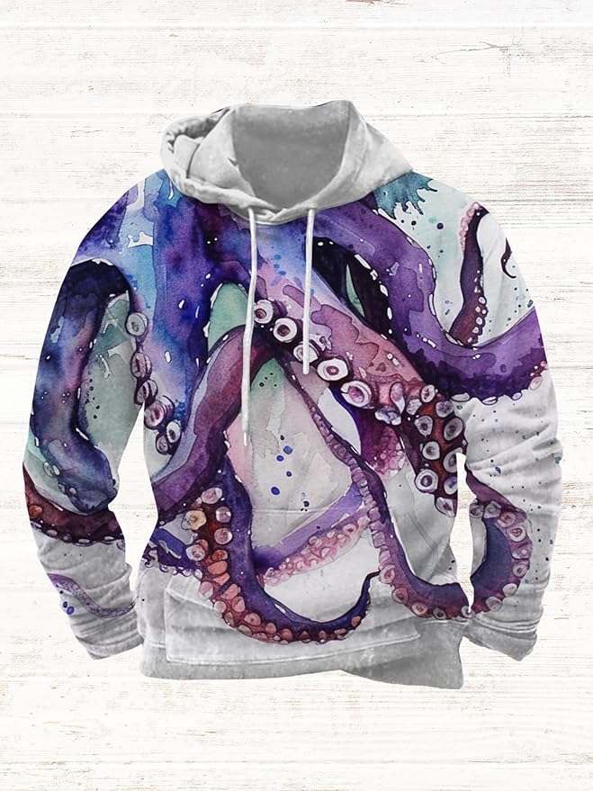 Mens Animal Print Graphic Hoodies Casual Long Sleeve Japanese Art Style Hooded Sweatshirt Lightweight Pullover Tops