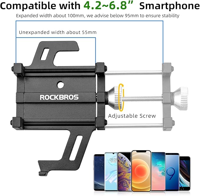 ROCKBROS Bike Phone Holder, Motorcycle Phone Mount, Anti-Shake Cell Phone Holder, 360° Adjustable for iPhone 16, 15 Pro Max/Plus, S9, S10 and More 4.7" to 7" Smartphones,Black
