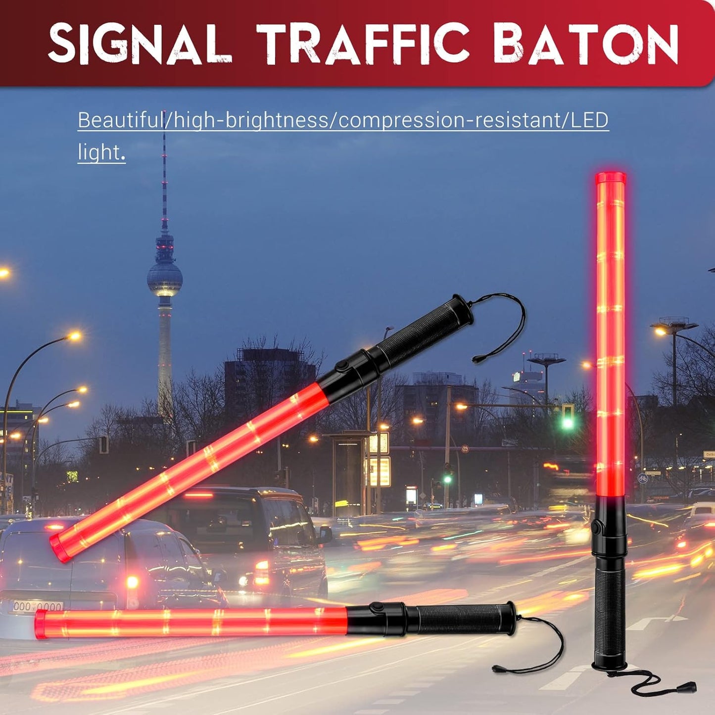 Weewooday 24 Pieces 21 Inch Signal Traffic Wand Safety Traffic Control Wand Safety Baton with 2 Flashing Modes LED Light, Wrist Strap Lanyard and Side Clip Design for Parking Guides, Red, 24 pcs