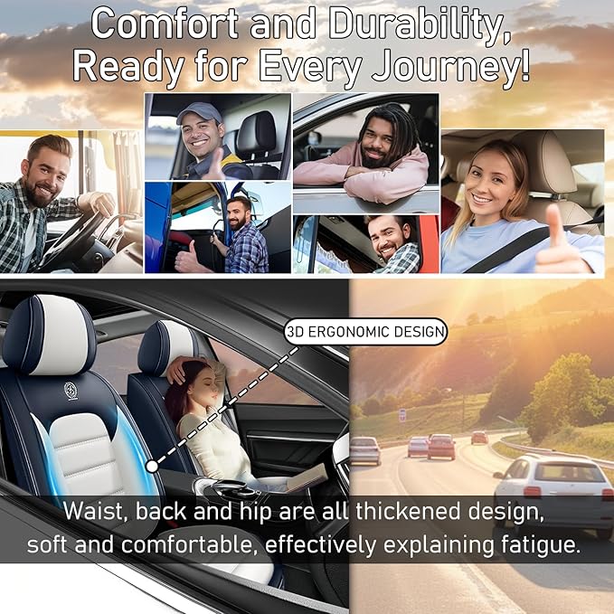 Car Seat Covers Fit for Toyota Highlander 2000-2025 | 7 Seat Car Seat Cover | No-Slip Waterproof Breathable Faux Leather Automotive Seat Covers Auto Interior Covers Blue White,Full Set