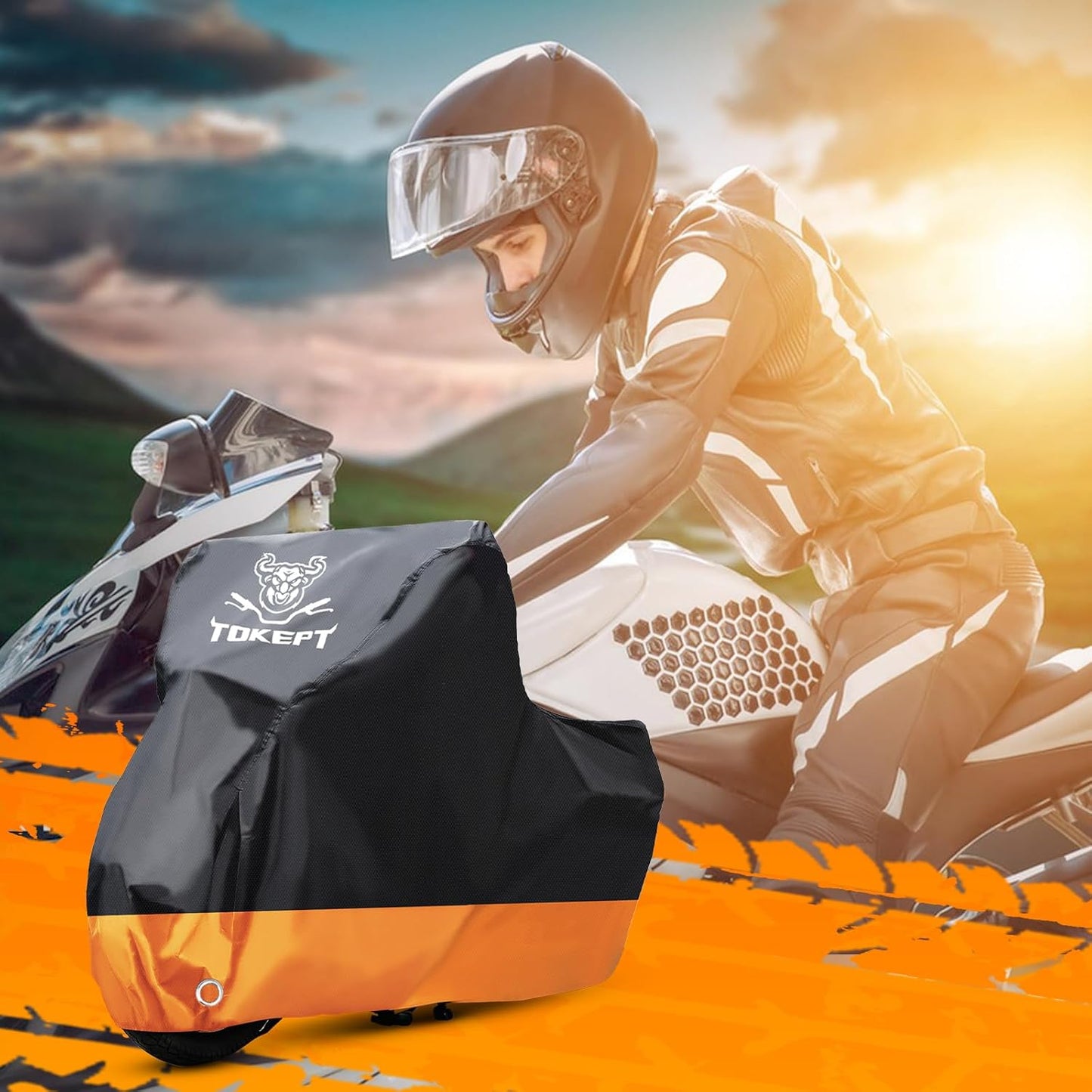 Motorcycle Cover, All-Season Waterproof Outdoor Sun Protection Fit up to 96 Inch Harley-Davidson Honda Suzuki Kawasaki Yamaha (XL Black&Orange)