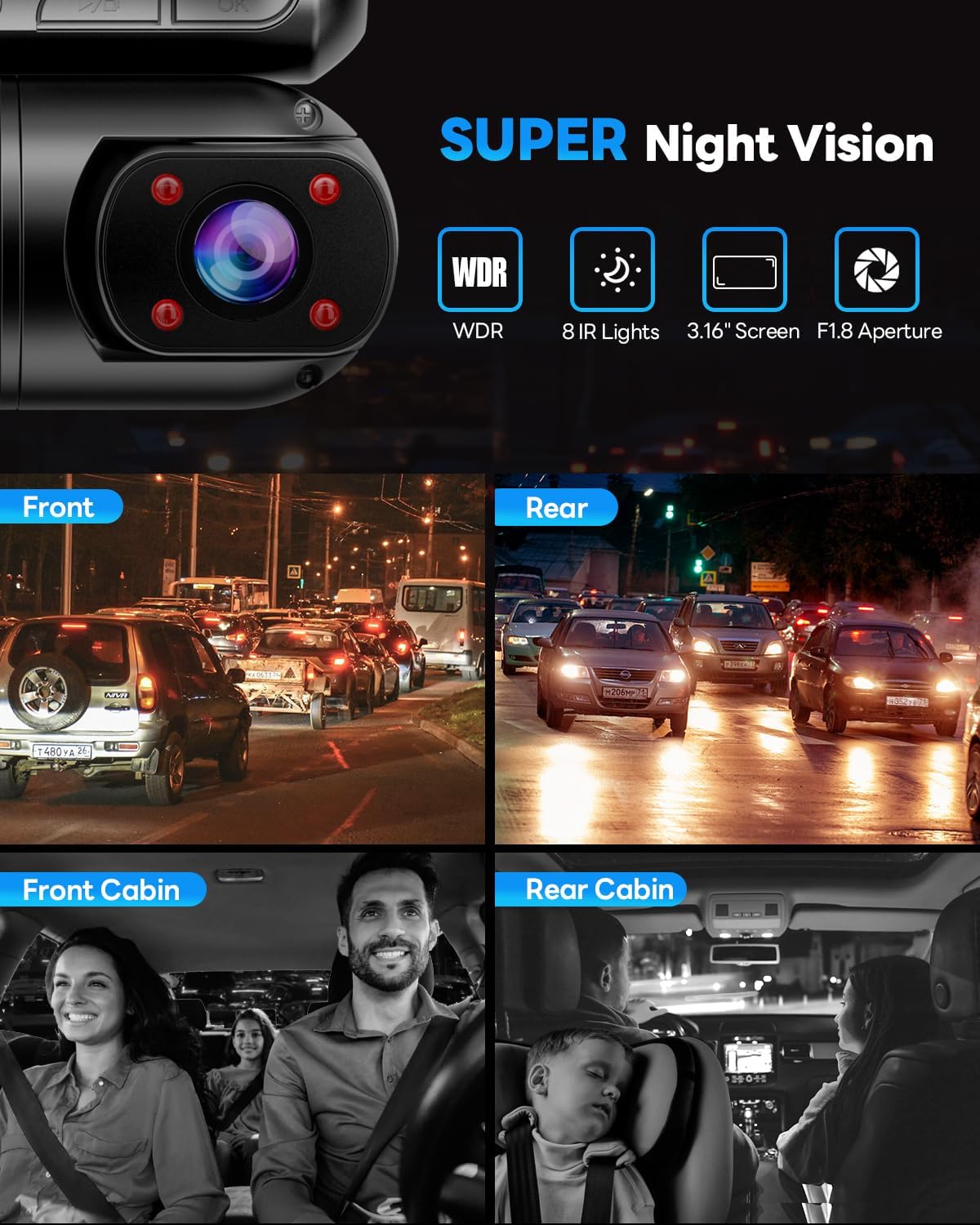 SPRLEAF 4 Channel Dash Cam with Front Cabin Rear Cabin Cameras, 360 Degree View Dash Camera for Cars, Built-in GPS, 5GHz WiFi, IR Night Vision, 24H Parking Monitor, G-Sensor, Free 128GB Card, 1080P*4