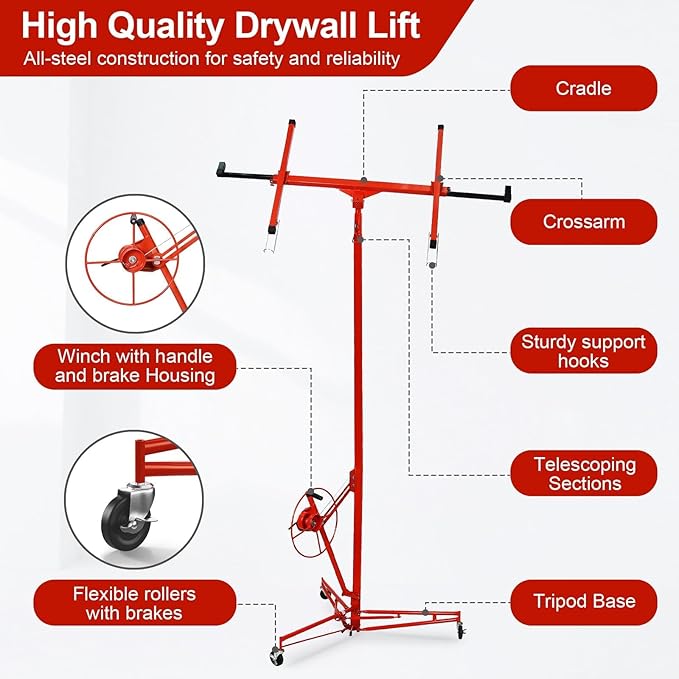 13FT Drywall Lift Sheetrock Lift, 150LBS Capacity, Drywall Lift Panel Hoist with Telescopic Arm, Drywall Jack Lift with 3 Lockable Wheels for Home Improvement Classic, 4'x16' Panel Size, Red