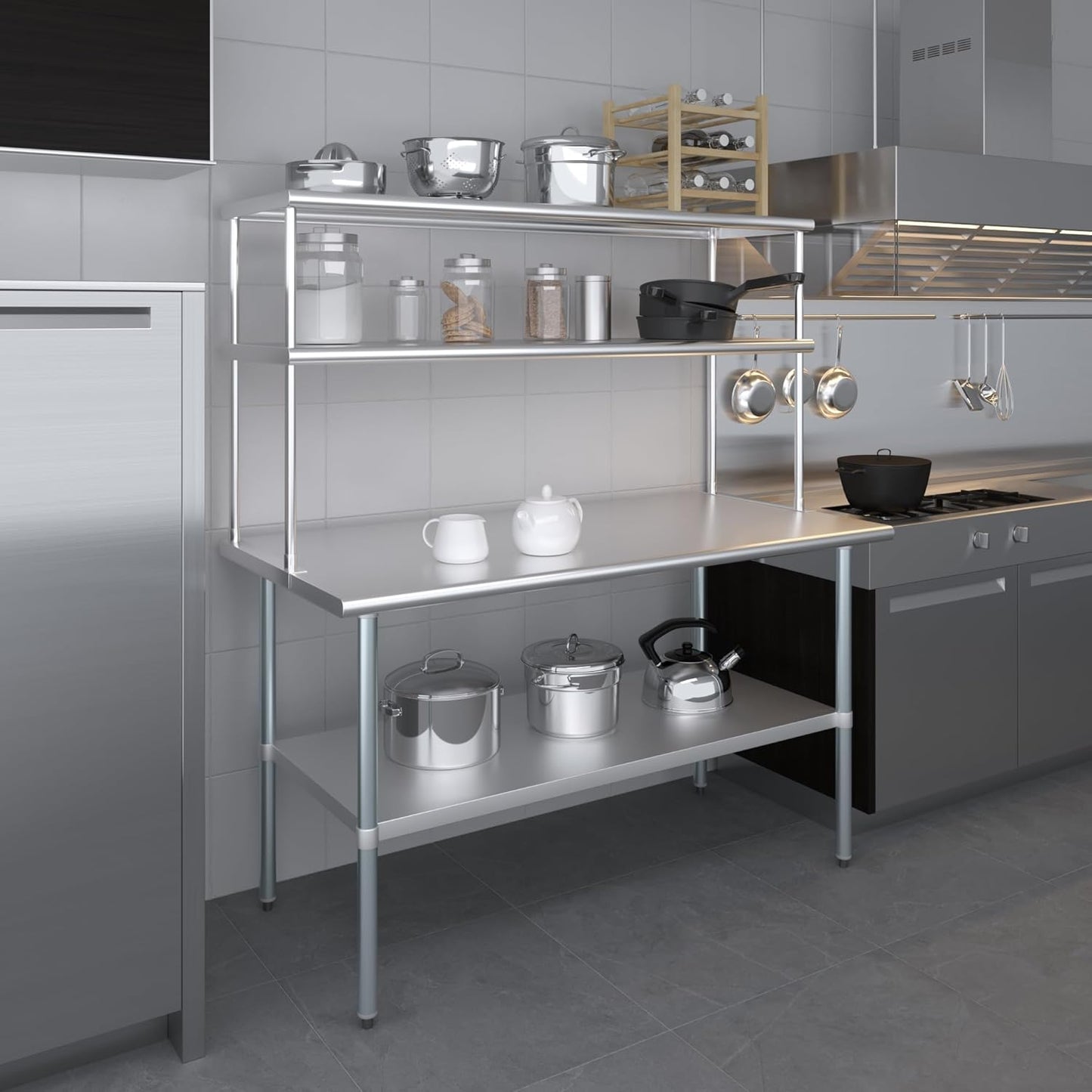 Amgood Stainless Steel Work Table Double Tier Overshelf | Metal Kitchen Prep Table & Shelving Combo (30" x 60" Work Table + 18" Overshelf)