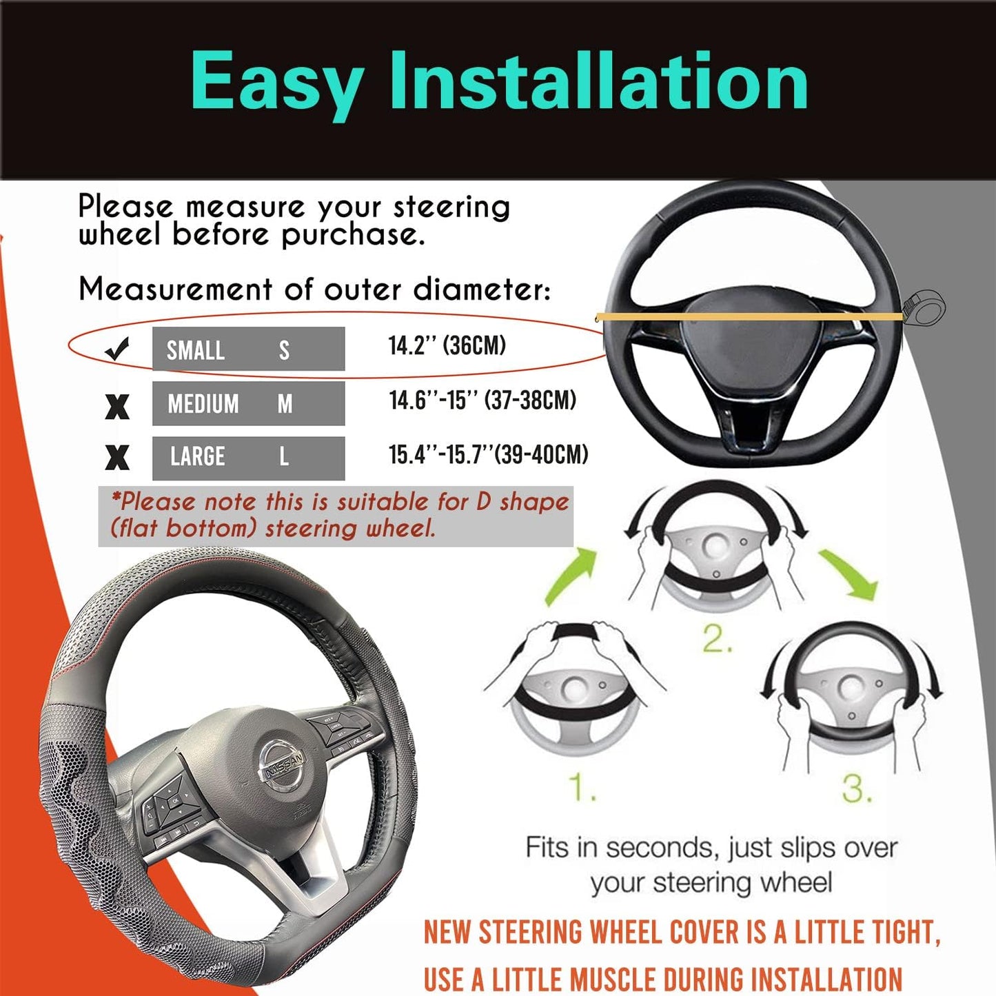 PINCTROT D Shaped 14 Inch Small Sized Steering Wheel Cover Great Grip with 3D Honeycomb Anti-Slip Design, Flat Bottom 14 Inch (Black/Red Stitch)