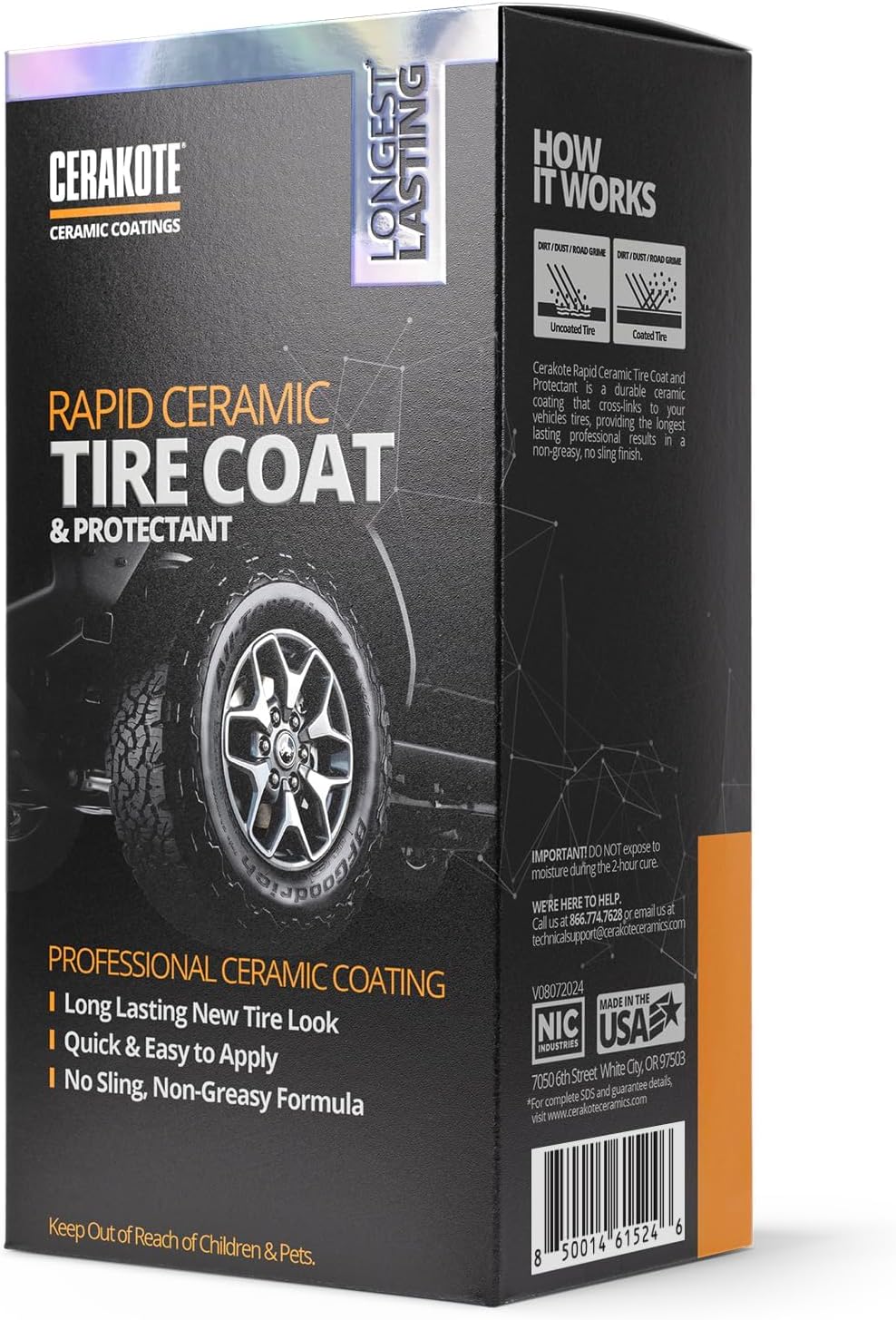 CERAKOTE Rapid Ceramic Tire Coat – Showroom New Tire Shine – Deep Tire Black Finish – Lasts Up to 10x Longer – No Sling, Non-Greasy Ceramic Tire Coating for Car, Truck & SUV – Easy Application (10oz)