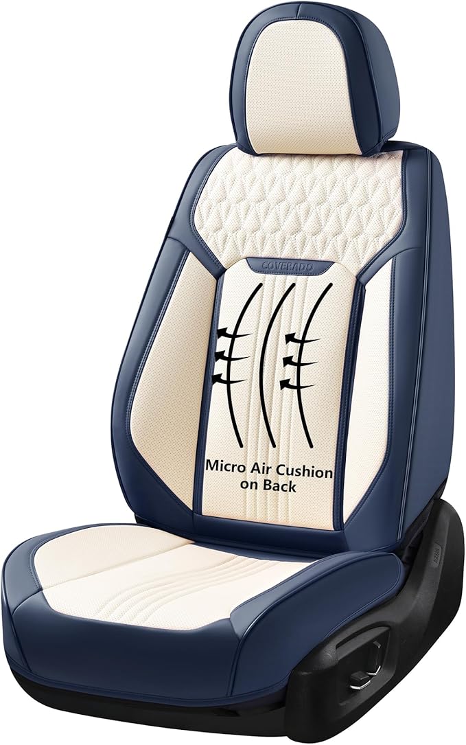 Coverado Front Seat Covers, Car Seat Covers Front Seats, Leather Seat Cover for Cars, Waterproof Seat Covers, Car Seat Protector, Driver Seat Cover Car Seat Cushion Universal for Most Cars, Blue&White