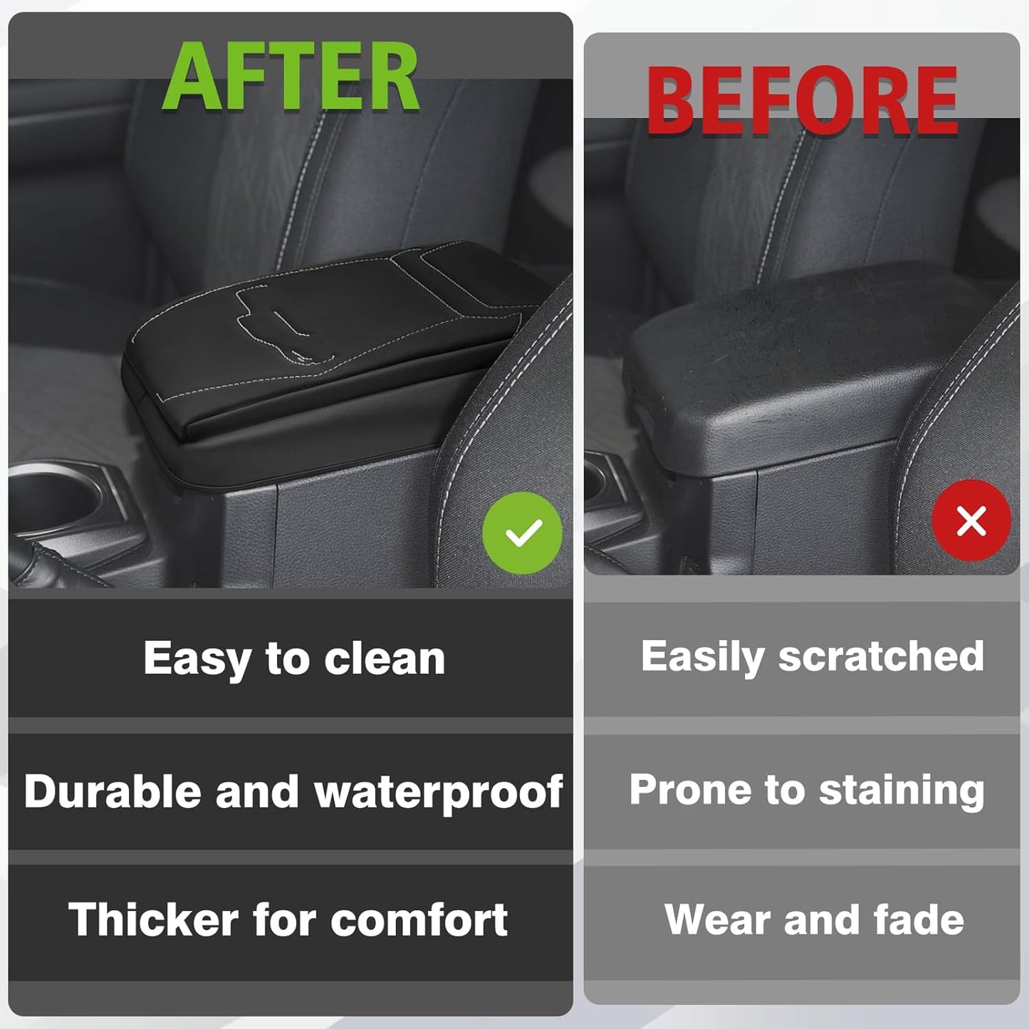 Muslogy Center Console Armrest Cover Compatible with 2024+ Toyota Tacoma 2025+ 4Runner Accessories Armrest Lid Protector Vegan Leather Cushion 1-Inch Extra Thick(Black/Gray Stitching)