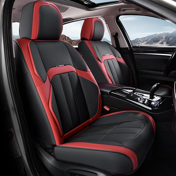 Coverado Car Seat Cover, Cover for Cars Full Seat, Premium Leather, Universal Fit Waterproof Seat Protectors, Car Seat Cushion Non-Slip for Most Cars-Black Red