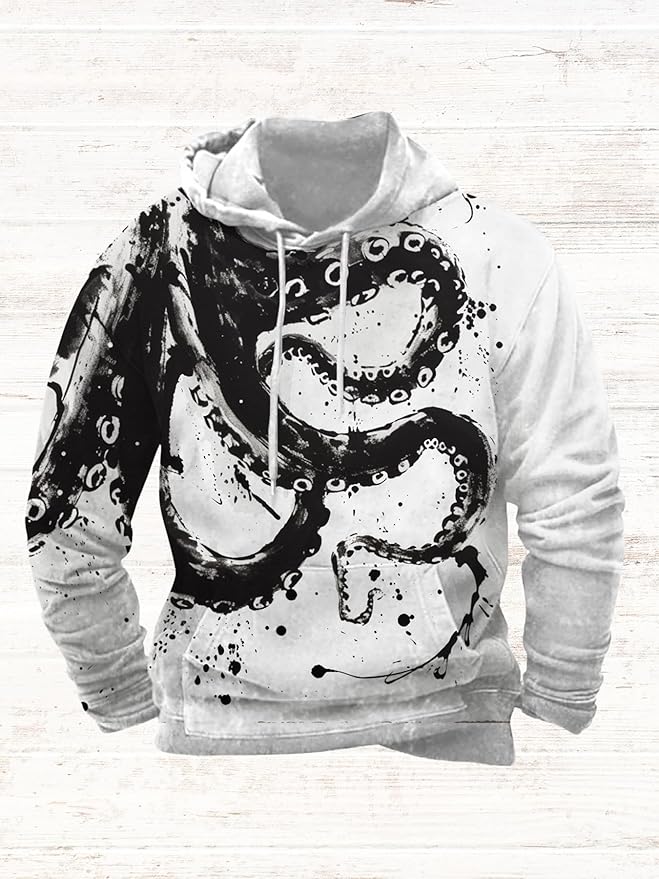 Mens Animal Print Graphic Hoodies Casual Long Sleeve Japanese Art Style Hooded Sweatshirt Lightweight Pullover Tops