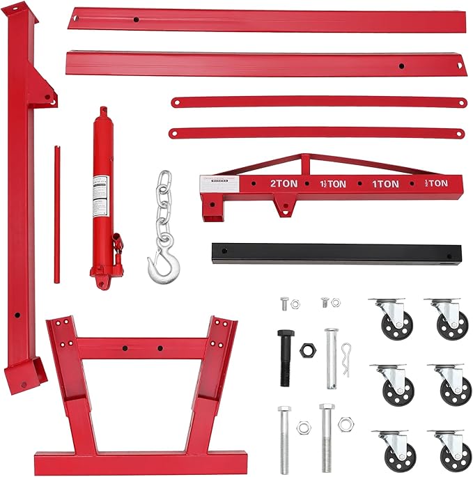 2-Ton Folding Engine Hoist Cherry Picker 4400 Lb Capacity Hydraulic Shop Crane with Telescoping Boom 6 Caster Wheels for Automotive Repair Garage Use Includes Hitch and Storage Stand Red