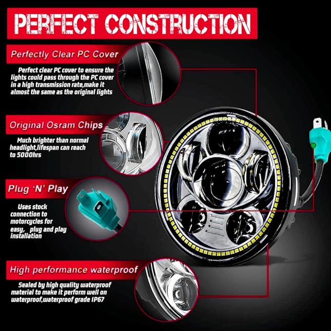 SLK-Lights VT1300 Fury LED Headlight Black Daymaker 5 3/4in - Direct Fit - Plug & Play - Compatible Honda VT1300 2010-2025 Honda Fury, Sabre, Interstate, and Stateline (Black Halo)