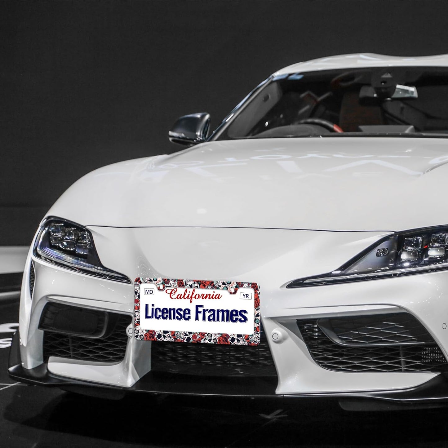 Stainless Steel Sugar Skull License Plate Frame Skull License Plate Holder Sugar Skull Car Accessories Day of The Dead Frame Witchy License Plate Frame for Women 12.3" X 6.3"