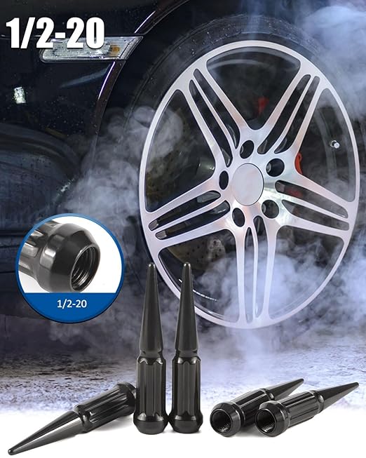 GAsupply 1/2-20 Spike Lug Nuts Black 20pcs, 1/2 x 20 Locking Spiked Lug Nut Spline 4.4" Tall, Closed End Bulge Acorn 60 Degree Cone/Conical Seat