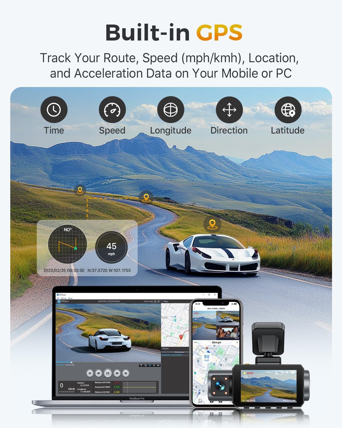 GKU 4K 3 Channel Dash Cam, 5.8GHz WiFi Built-in GPS, 4K+1080P+1080P Dash Cam Front and Rear Inside, 64GB Card Inserted, 24H Park Mode, Triple Car Camera 3 Inch Screen
