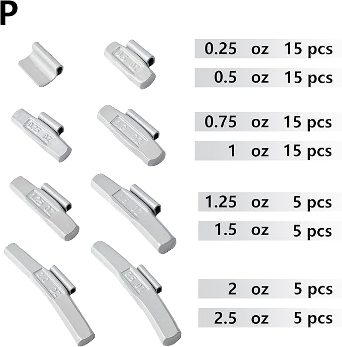 P-M80 Wheel Weight Kit P Style Grey 80 pcs/kit: 1/4 oz, 1/2 oz, 3/4 oz, 1 oz 15 pcs Each, 1 1/4 oz, 1 1/2 oz, 2 oz and 2 1/2 oz 5 pcs Each