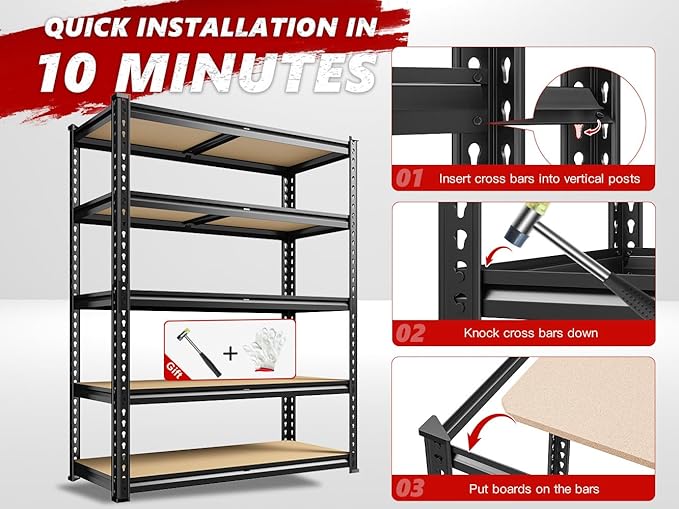 REIBII 2020LBS Storage Shelves 5 Tier Garage Shelving Heavy Duty Adjustable Garage Shelves, Utility Rack Shelf, Shelving Units for Storage Warehouse Pantry Closet, 35.5" W x 11.9" D x 72" H, Black