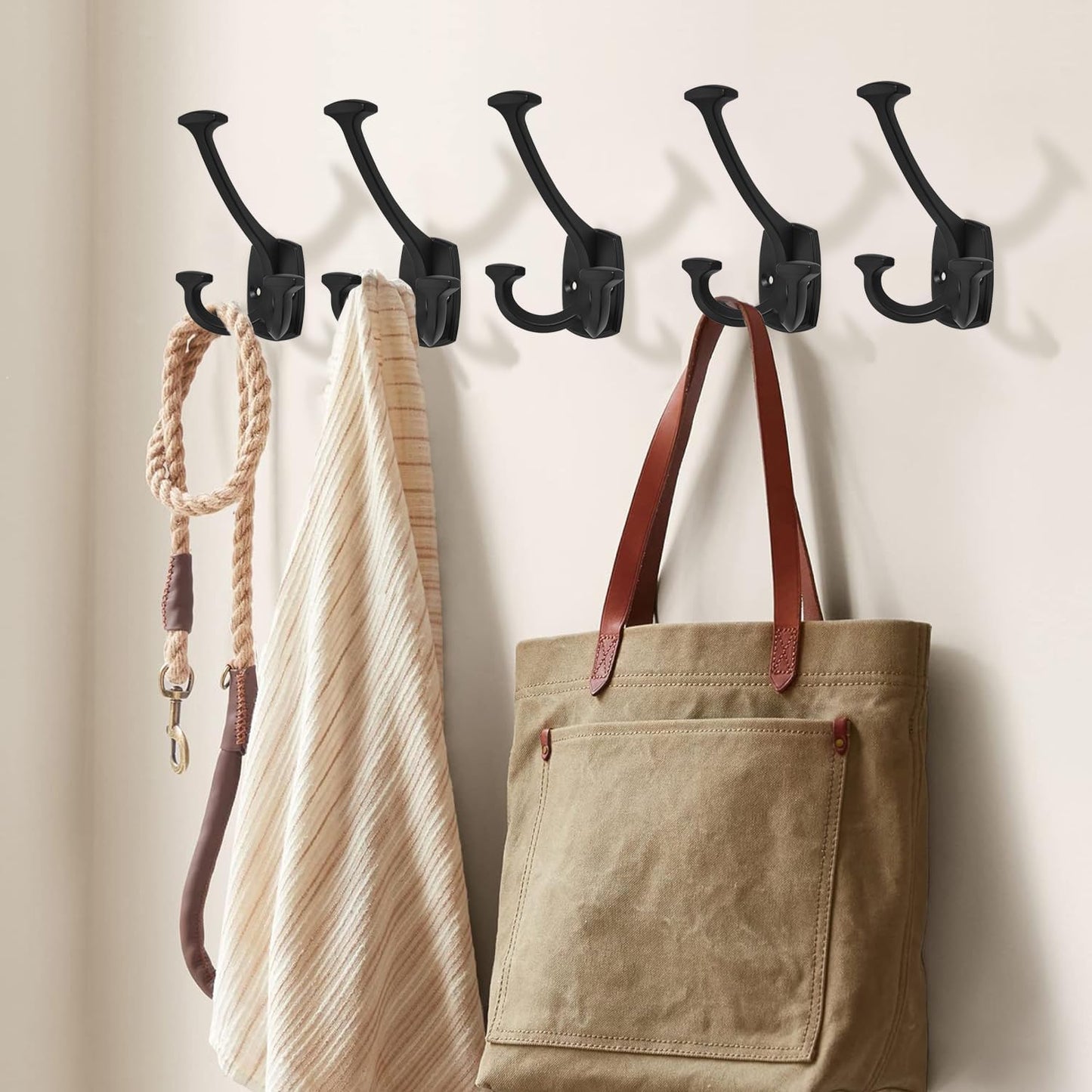 Large Wall Double-Sided Hook 2 Pack Matte Black Hook Decorative Heavy Duty Solid Large Coat Hooks for Towel Hanging Coats Robe Towel Bags Door Back 2 Prong Hooks