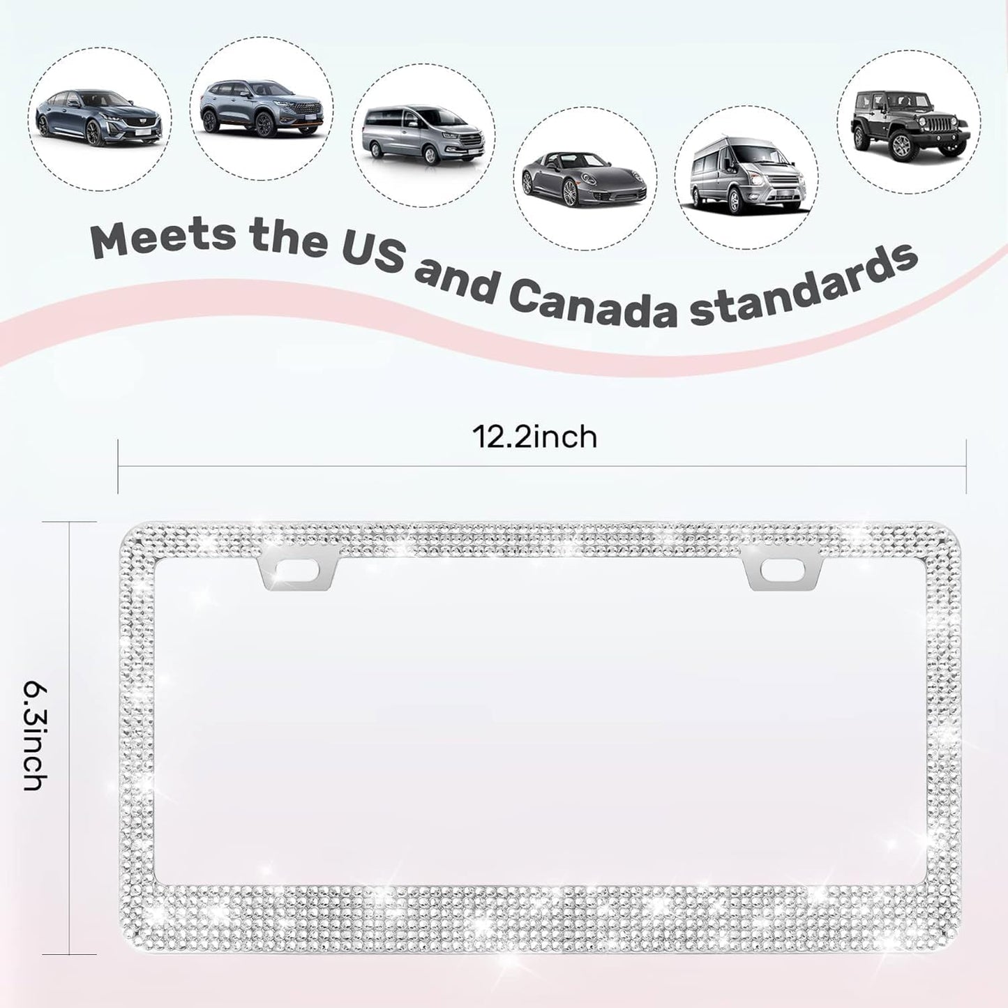 2 Pack License Plate Frames for Women, Sparkly Rhinestone Diamond Car Accessories with Glitter Crystal Caps (White (2PCS))