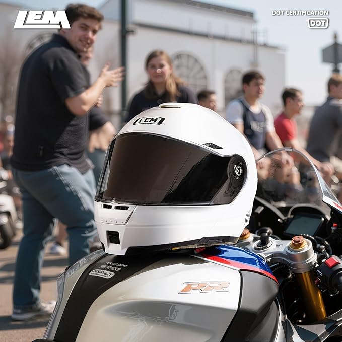 LEM Modular Motorcycle Helmets Fiberglass, Full Face Motorcycle Helmet Flip Up for Touring, DOT Certified, Release Sun Visor & Removable Comfort Liner, Lightweight Street Bike Helmet (White, S)