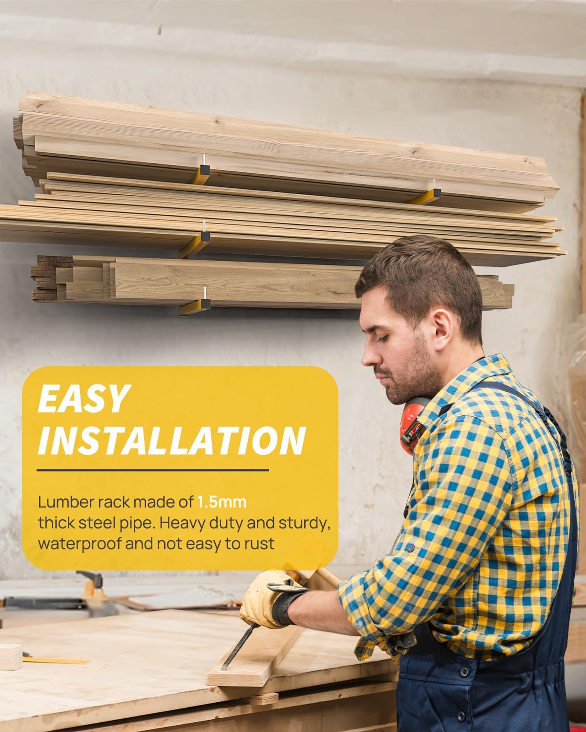 Lumber Rack Wall Mount Storage Racks Folding Wood Organizer Heavy Duty Shelf Brackets With 6-Level 720 Lbs Capacity Yellow Metal Utility Racks Garage Wall Shelving for Indoor and Outdoor Use (4 Pack)