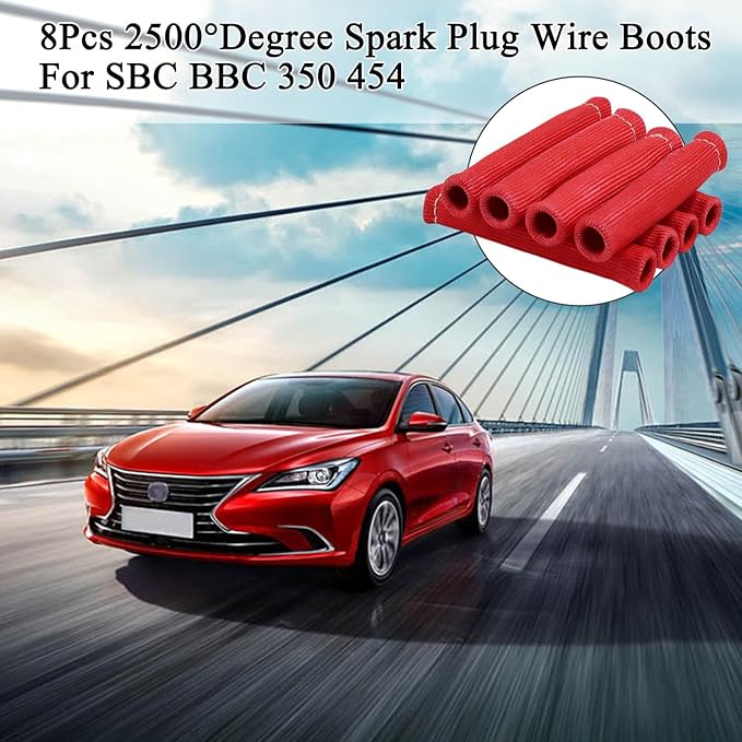 8Pcs 2500° Degree Spark Plug Wire Boots Heat Shield Protector Sleeve Cover Compatible with SBC BBC 350 454,6 Inch, Red
