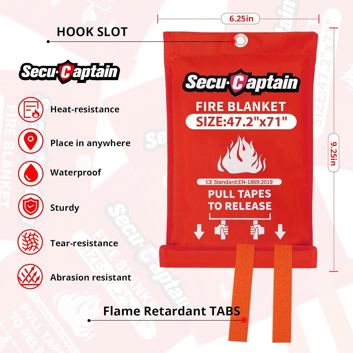 SecuCaptain Emergency Fire Blanket for Home - 47.2"x71" X-Large Flame Retardant Blankets with Fireproof Tabs for House Camping Kitchen Fire Protection Survival Safety