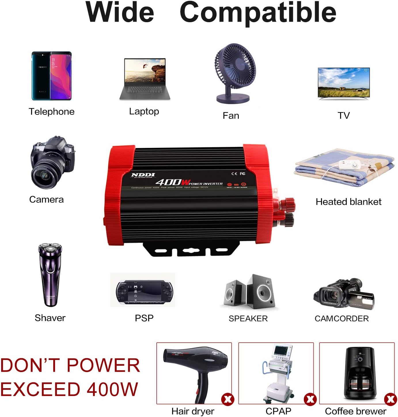 400W Car Power Inverter, DC 12V to 110V AC Converter with 2 Charger Outlets and Dual 3.1A USB Ports Cigarette Lighter Socket Adapter(Black)