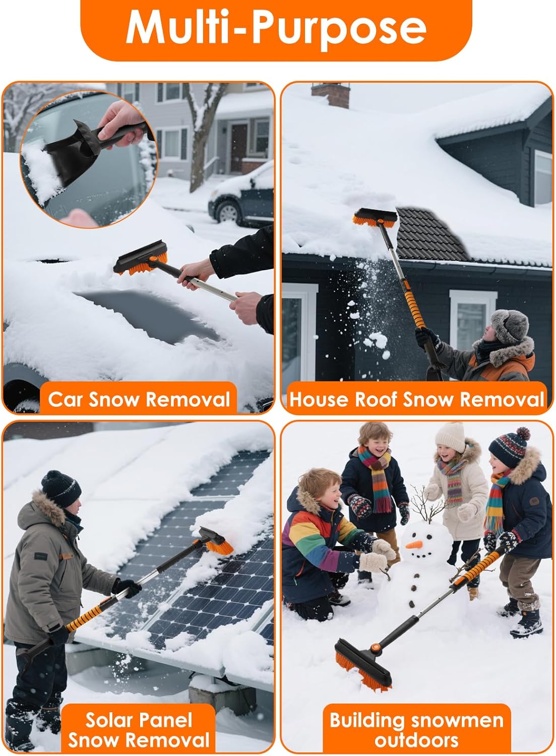 90° Fixed Rotation 3-in-1 Car Snow Brush and Ice Scraper for Cars Windshield with Silicone Squeegee Ergonomic Aluminum Foam Grip Handle 43.3" Extendable for Car Truck SUV Home Winter Snow Removal