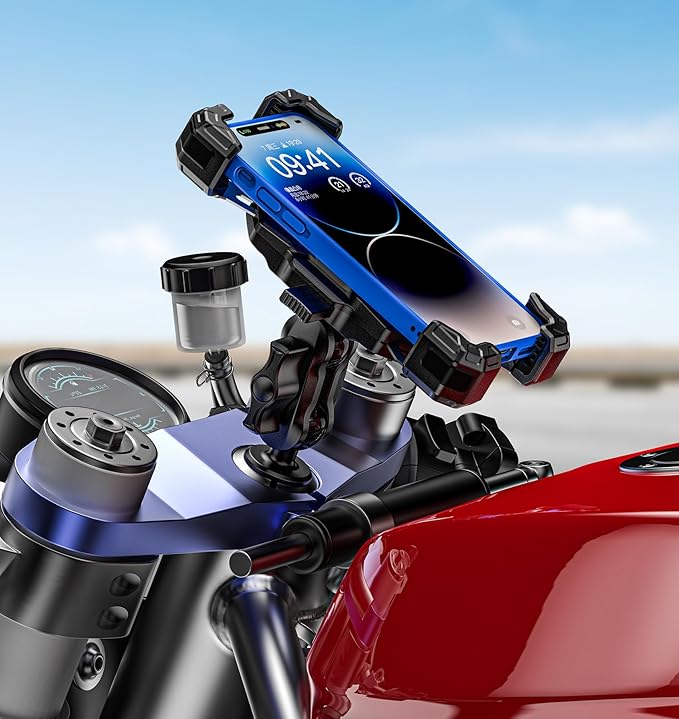 Motorcycle Fork Stem Phone Mount, 1s Auto Lock & Release, Anti-Theft Motorcycle Phone Holder with Aluminum Alloy 1" Ball Short Arm, for 12-25.4mm Diameter Fork Stems, for 5.4"-7" Cellphones