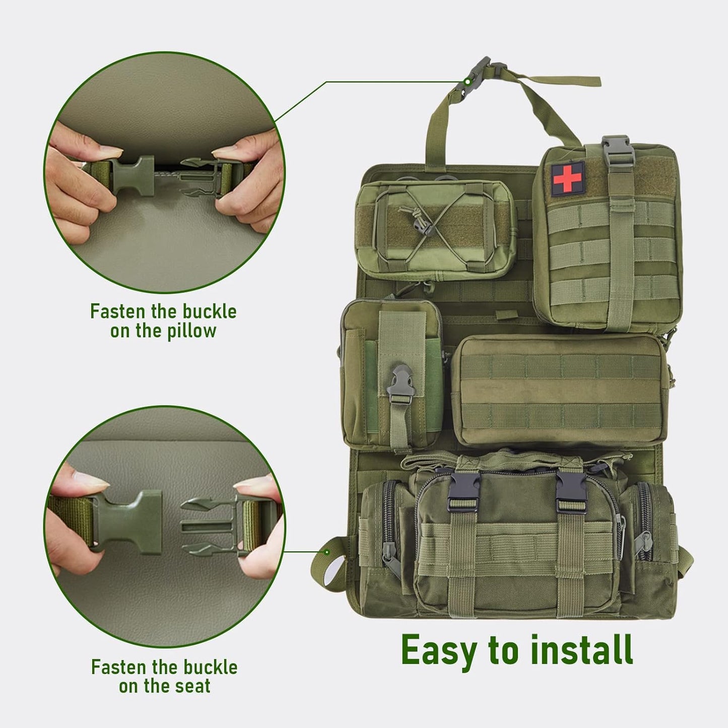 Universal Tactical Seat Back Organizer Vehicle Molle Panel Organizer Storage Bag with 5 Detachable Molle Pouch for All Vehicel Such as Jeep,Truck,SUV, Car, Ford,Chevy etc