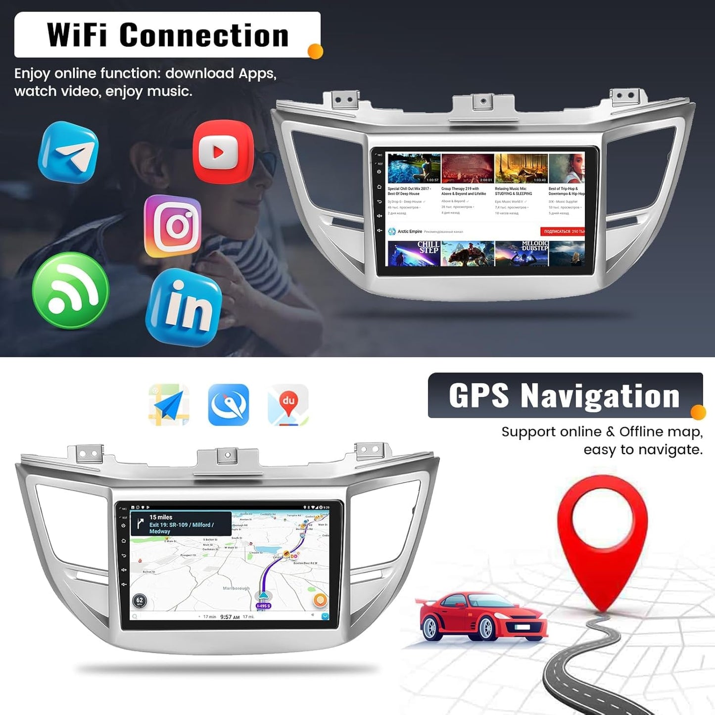 2G+64G 9 Inch Android Car Stereo for Hyundai Tucson 2015-2018 Radio Wireless Apple CarPlay Android Auto Bluetooth Touchscreen GPS Navigation Head Unit WiFi FM USB SWC Split Screen+AHD Backup Camera