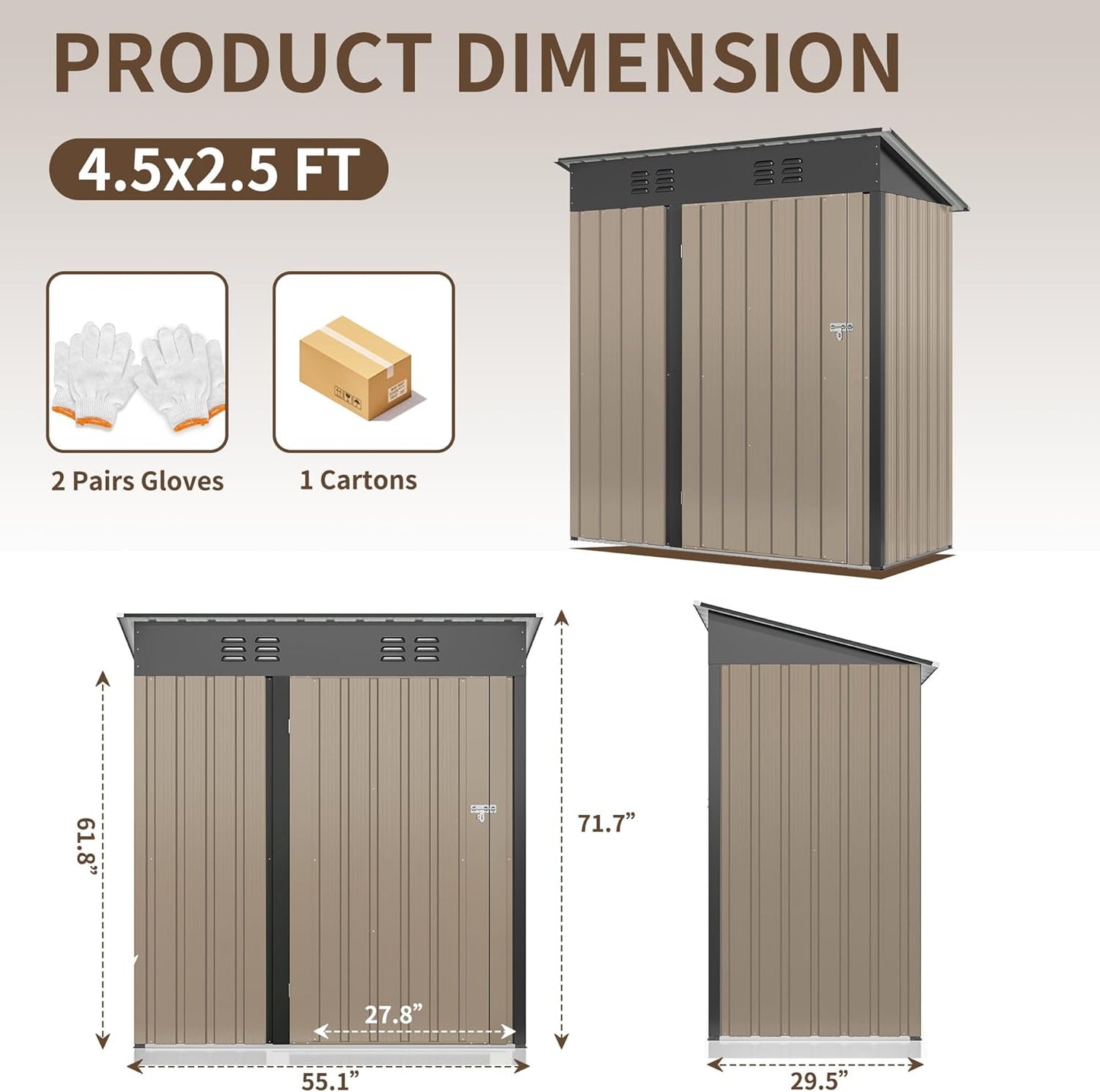 WKM 5x3 FT Outdoor Storage Shed, Utility Metal Tool Storage with Lockable Doors and Updated Frame Structure, Large Metal Garden Shed for Backyard, Patio Lawn,Brown