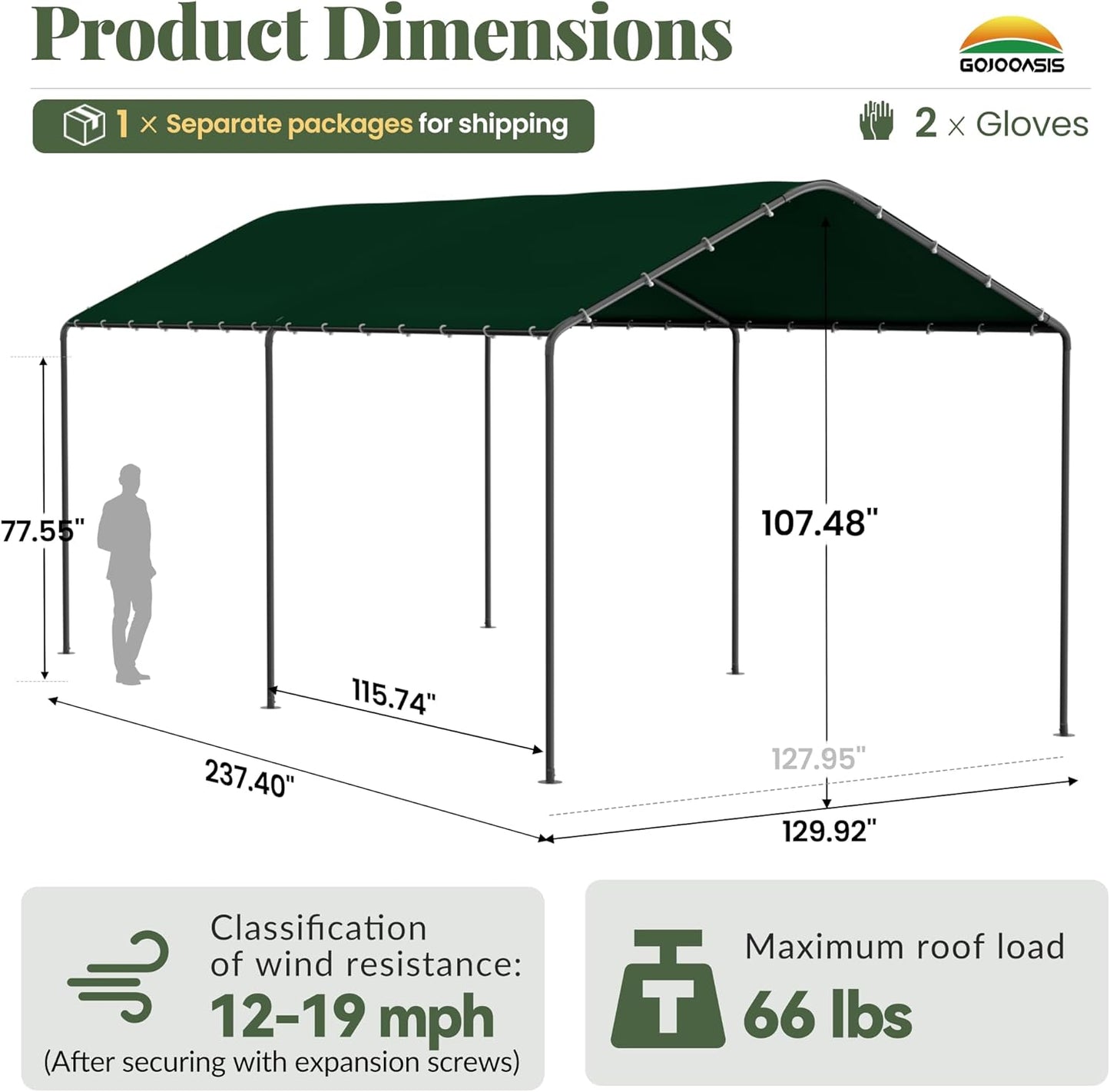 GOJOOASIS 10x20 Carport Heavy Duty Portable Garage Shelter Metal Car Canopy Tent with UV-Resistant & Weatherproof Top Cover for RV & Vehicles (Green, 10x20 Without sidewalls)