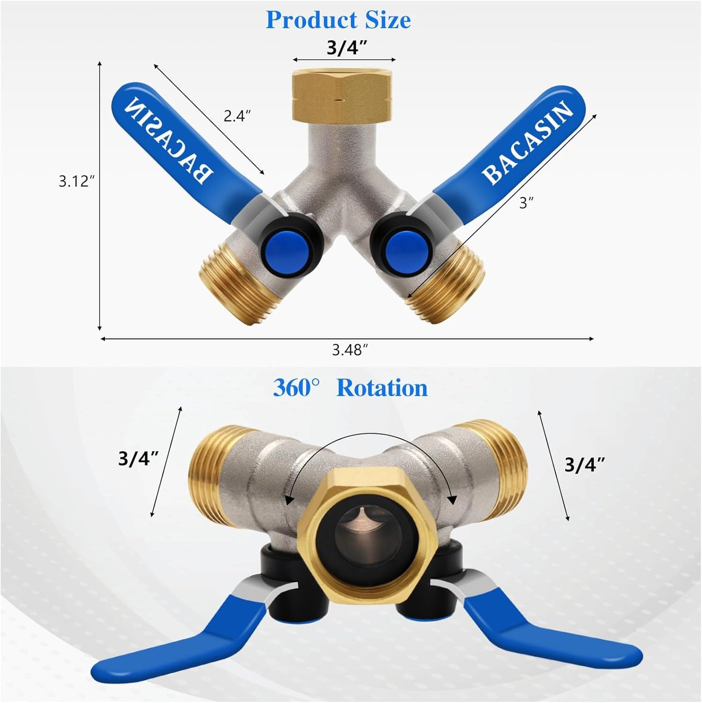 Brass Garden Hose Splitter, Garden Hose Splitter 2 Way Heavy Duty, With 2 304 Stainless Steel Extension Handles, 2-Way Y-Valve 3/4” GHT Threads (Increase Flow Style)