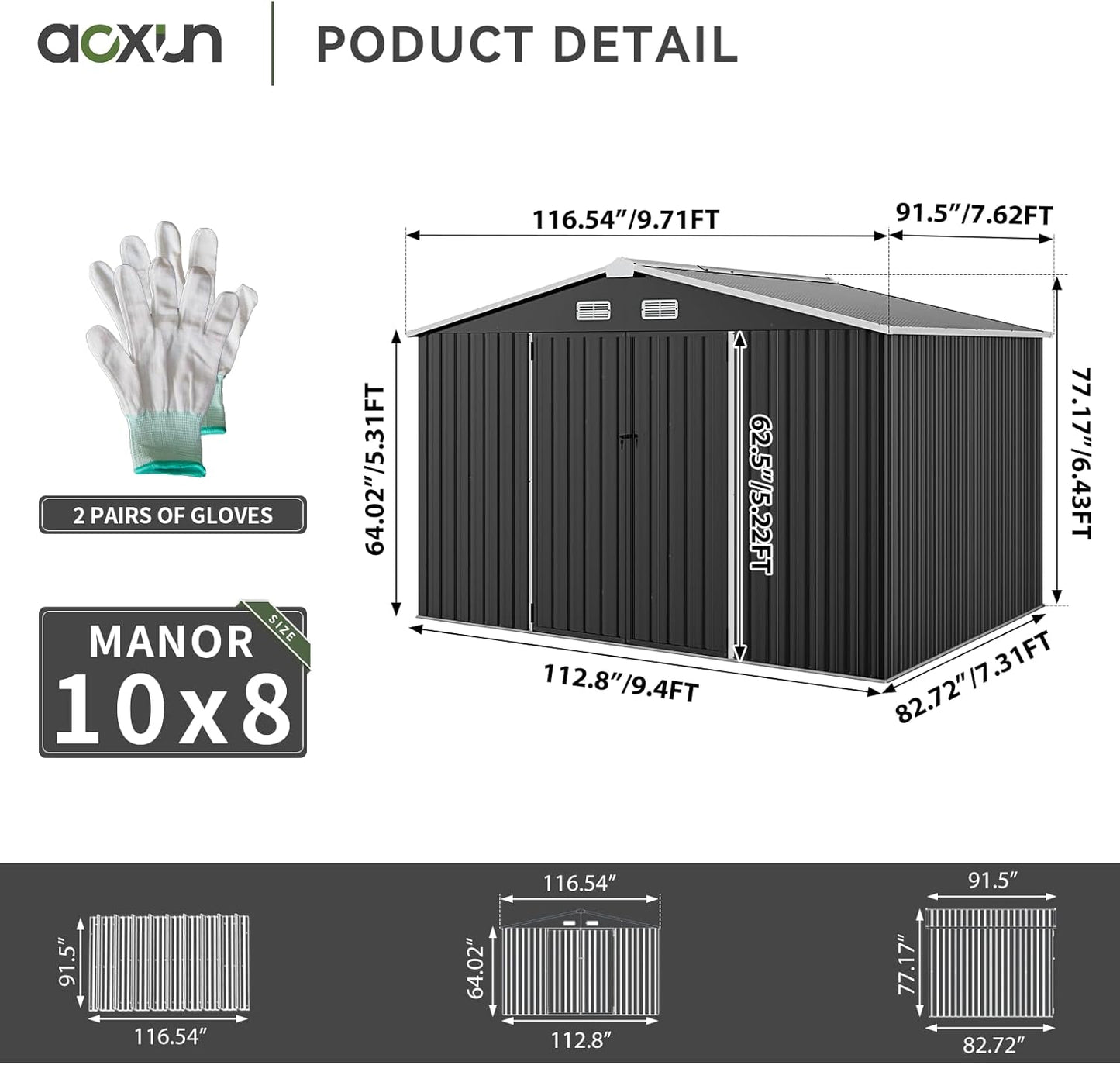 Aoxun 9.4x7.3x6.5 FT Outdoor Storage Shed with Base Outdoor Metal Shed for Tool, Garden, Bike, Placed in Patio, Garden Base Included (Black)