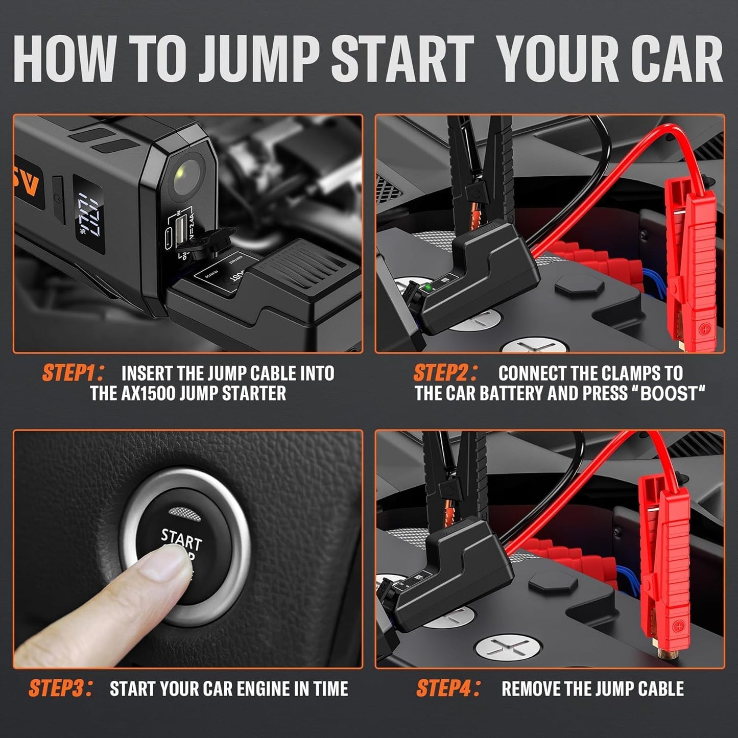 ASPERX Car Jump Starter, 2000A Peak Battery Jump Starter for Up to 7.0L Gas or 5.5L Diesel Engine, 12V Portable Battery Starter Power Pack with 1.4 INCH LCD Display