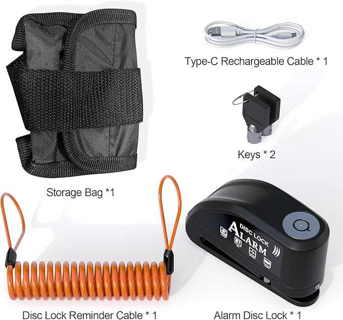 Motorcycle Lock Rechargeable, Alarm Disc Brake Lock with Reminder Cable, 110 dB Alarm Sound, Anti-Theft Waterproof, 2 H Fast-Charging, 9 Months Standby, 7 mm Lock Pin Universal for Bikes