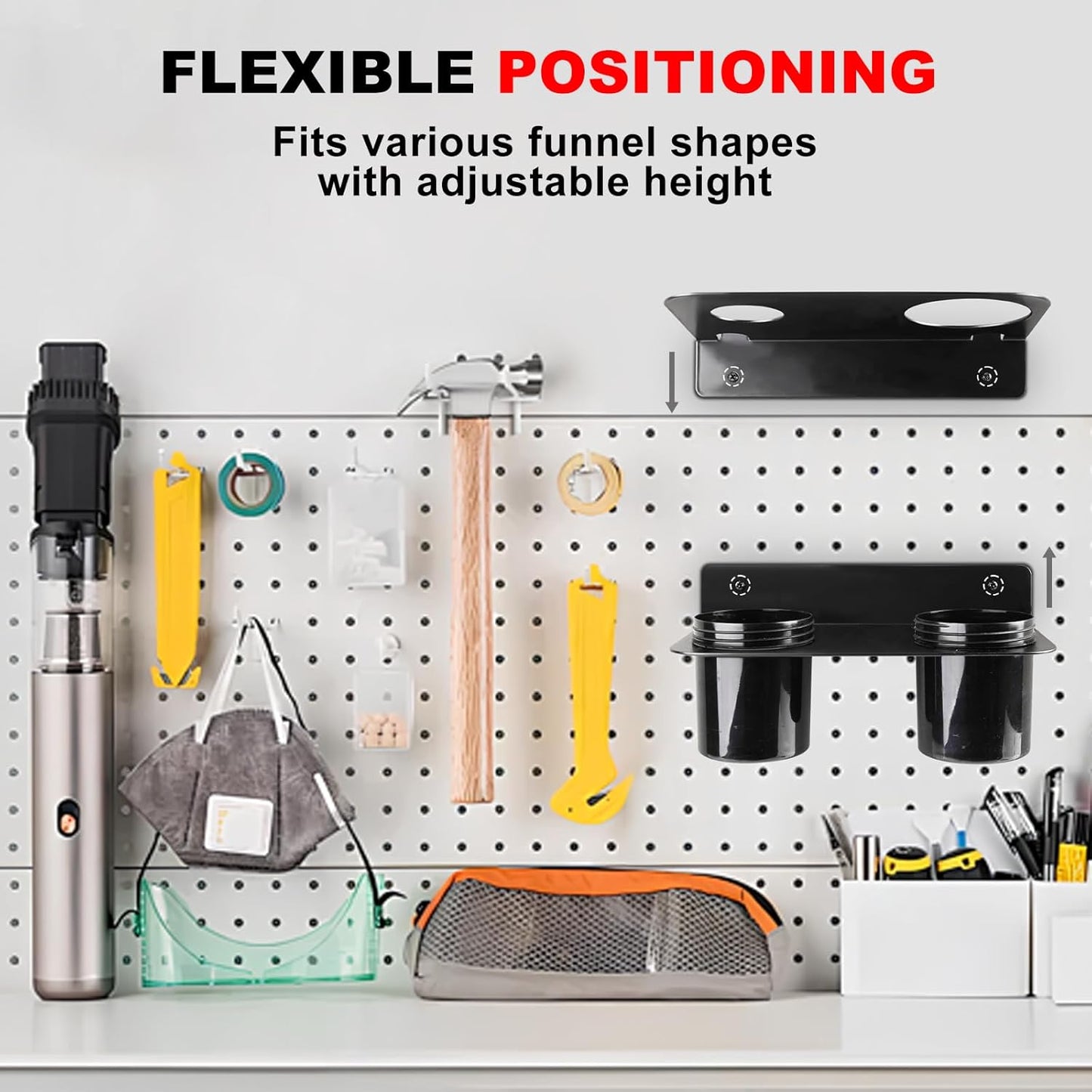 Oil Dual Funnel Holder Storage Rack Includes 2 Plastic Removable Drip Cups, Wall Mount Fluid Drain Funnel Kit Organizer Bracket for Enclosed Race Trailers, Automotive Garage Shop, Black