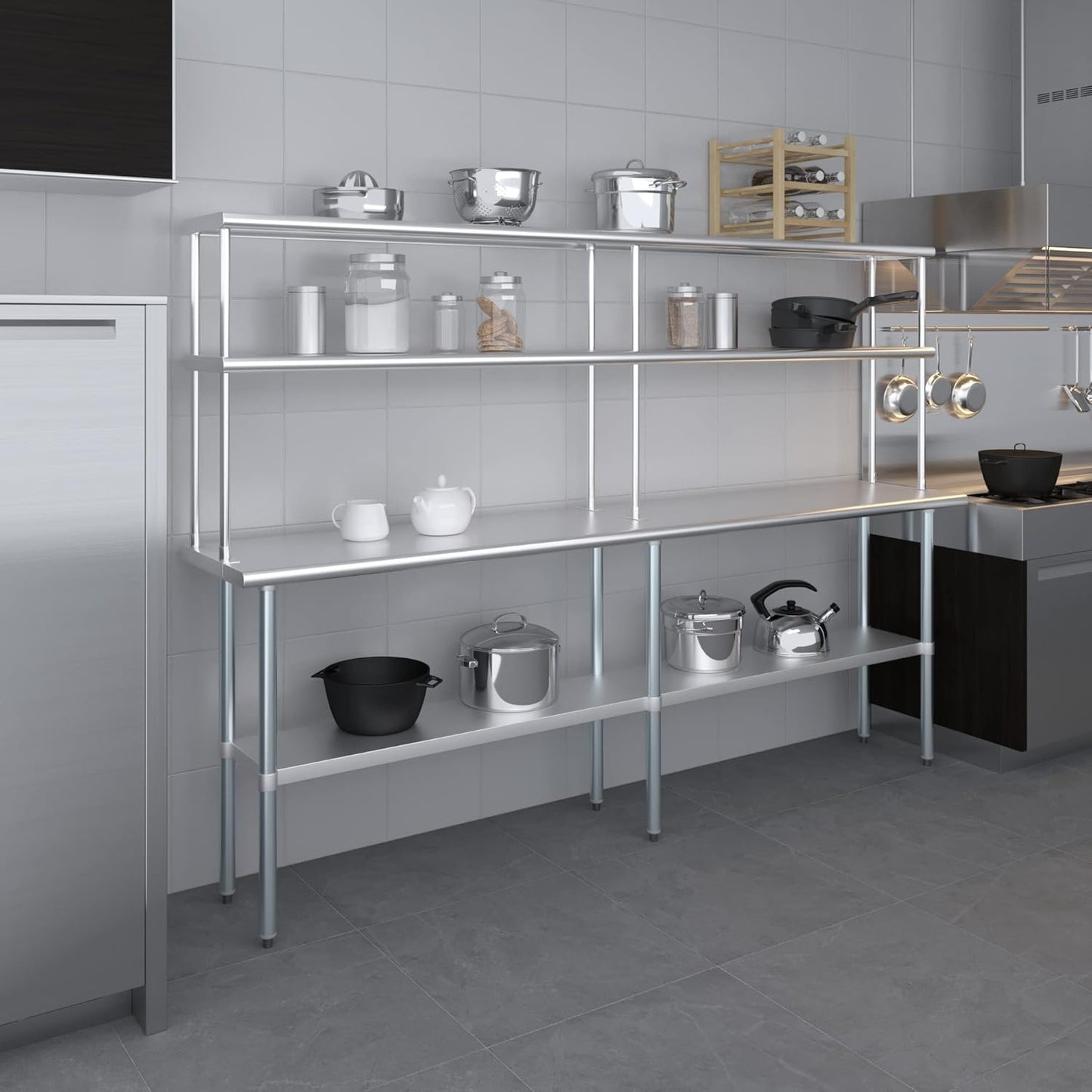 Amgood Stainless Steel Work Table Double Tier Overshelf | Metal Kitchen Prep Table & Shelving Combo (18" x 96" Work Table + 12" Overshelf)