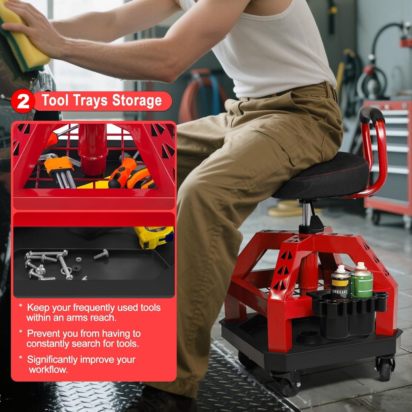 Rolling Shop Stool with Wheels, Heavy Duty Garage Work Mechanic Stool with Backrest, Adjustable Height 360°Swivel Rolling Chair with Tool Tray Storage, 330 LBS Capacity, Red