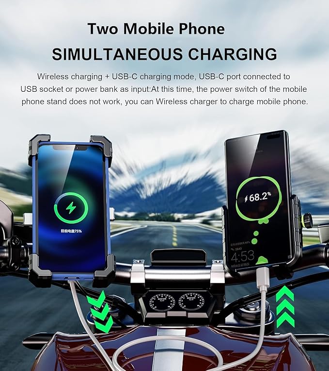 Kewig Motorcycle Phone Mount with Qi 15W Wireless Charger & USB C 20W Fast Charging Port, One-Push Automatically Lock & Quick Release Handlebar Phone Holder for 4.0-6.9" Phone