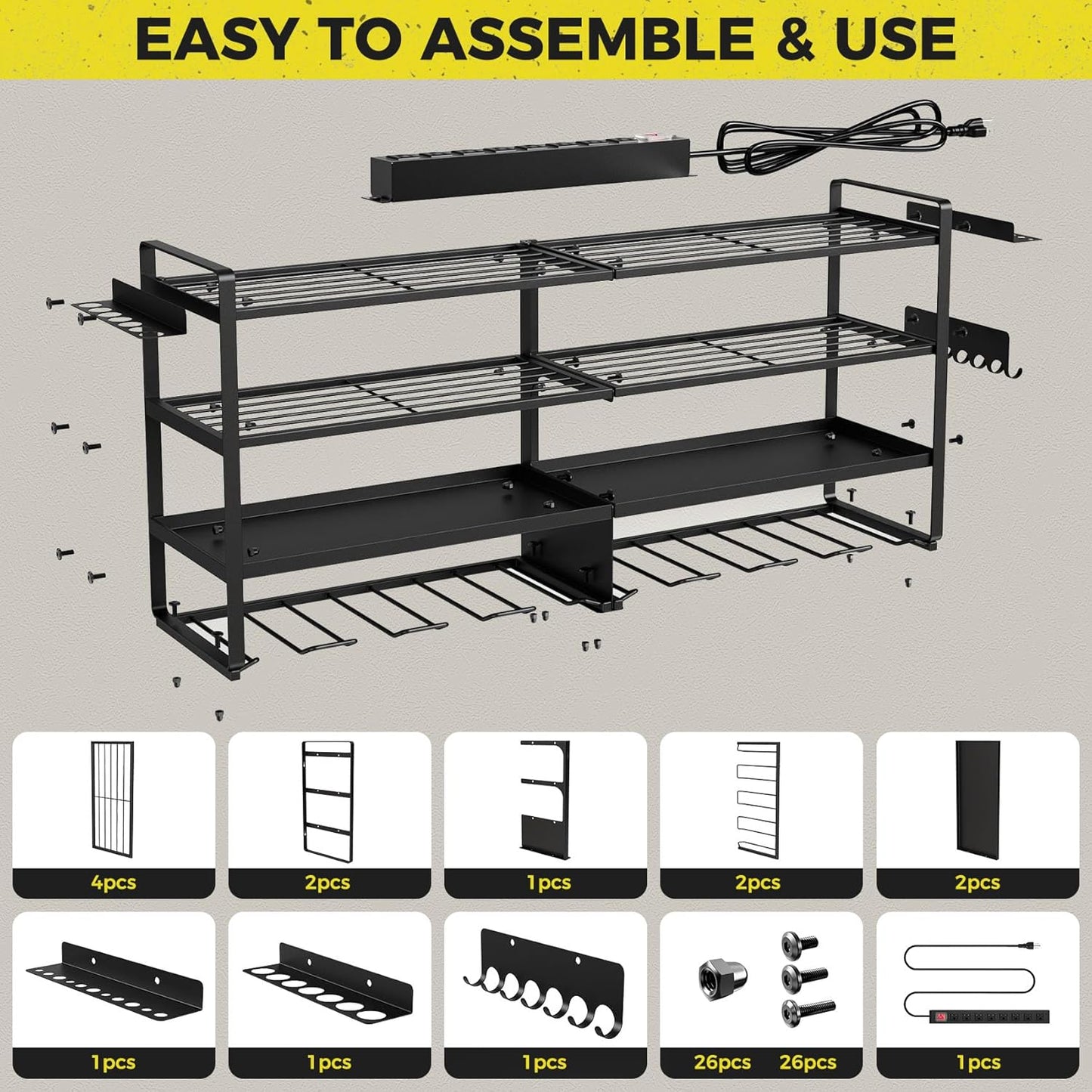 Heavy Duty 4-Layer Power Tool Organizer Wall Mount with 8 Outlet Power Strip- Holds 8 Cordless Drills, 400lbs Capacity Metal Garage Storage Rack