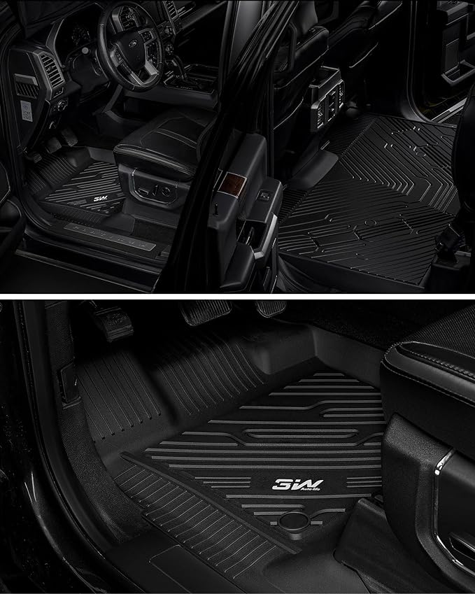 3W Floor Mats Fit for 2015-2024 2025 Ford F150 / F-150 Lightning SuperCrew Cab, TPE All Weather Heavy Duty Floor Liner Custom Fit Accessories Car Liners (with Original Folding Under-Seat Storage Box)