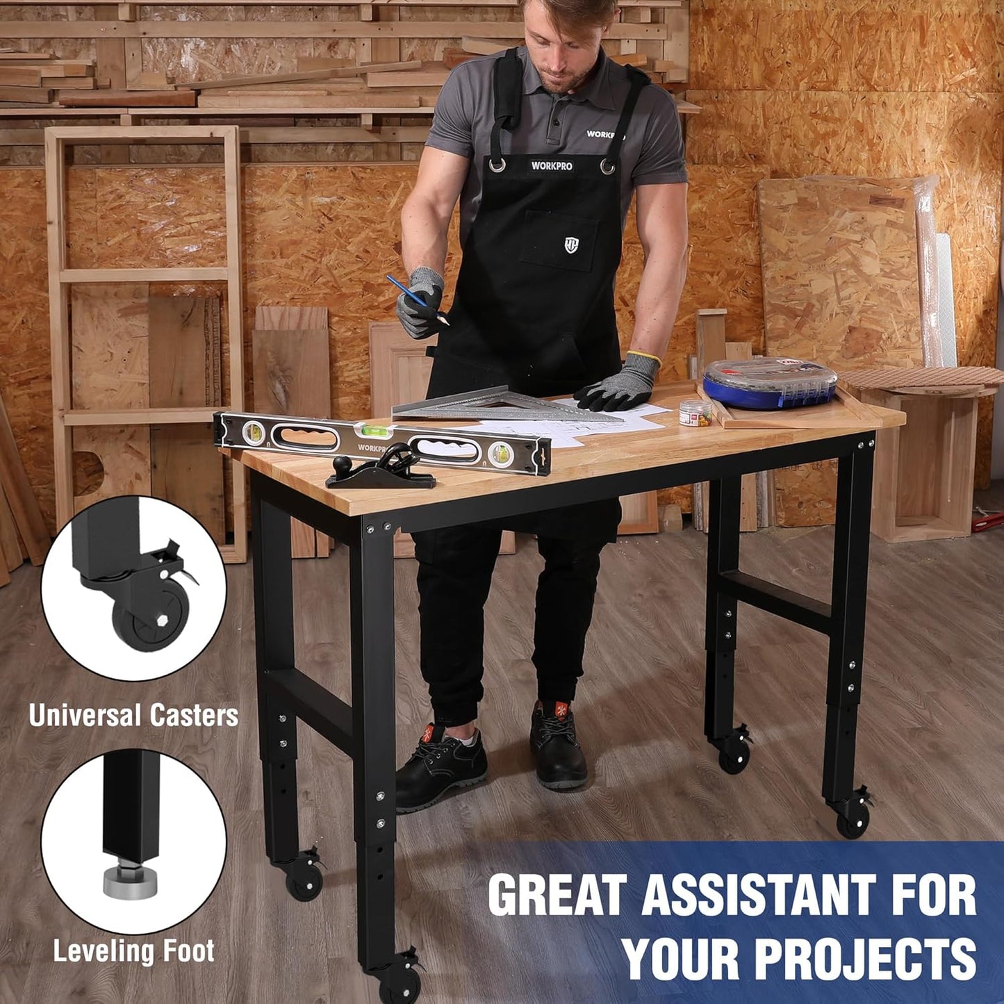 WORKPRO Garage Workbench, 48"X22" Adjustable Workbench with Wheels and Leveling Foot, Rubber Wood Top Work Desk with Power Outlets, 1500 LBS Workbenches for Garage, Workshop