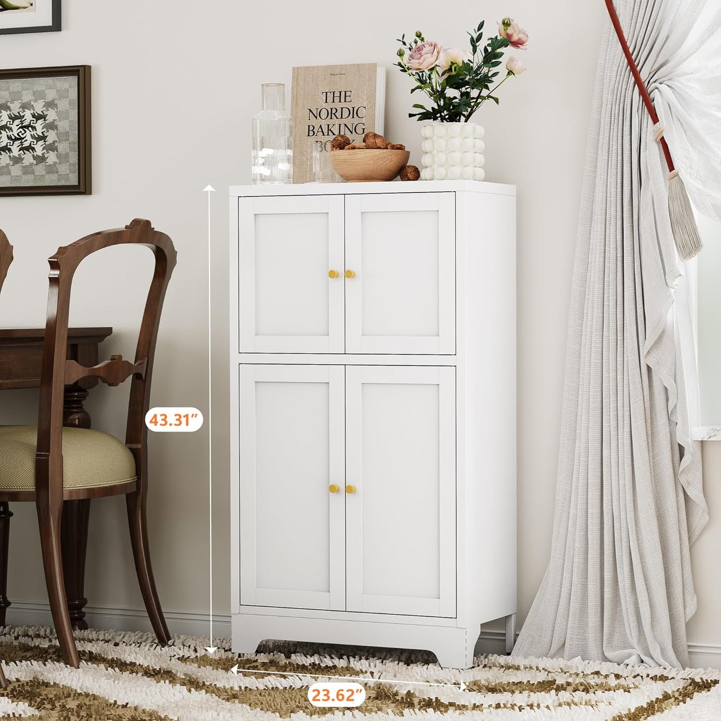 White Bathroom Floor Cabinet, Metal Storage Cabinet with 2 Adjustable Shelves & 4 Doors,Freestanding Sideboard for Dining Room,Living Room, Home Office